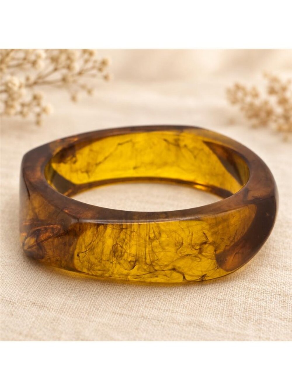 Honey Amber Lucite Chunky Asymmetrical Wide Bangle Bracelet 8" Vintage